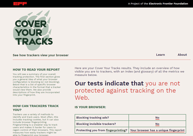 Screenshot EFF Cover Your Tracks report showing that the browser does not block ads or invisible trackers and has a unique fingerprint.