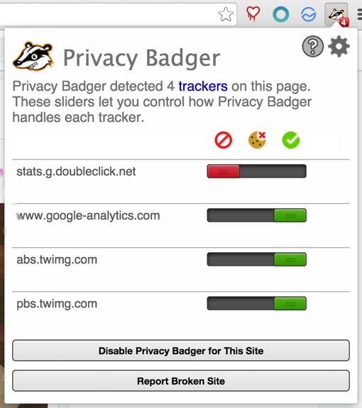 Privacy Badger add-on popup