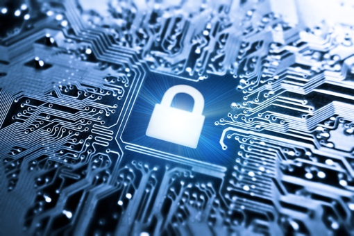 Data encryption concept image, lock on circuit board