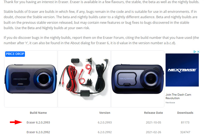 Eraser download page with the most recent file pointed out at the bottom.