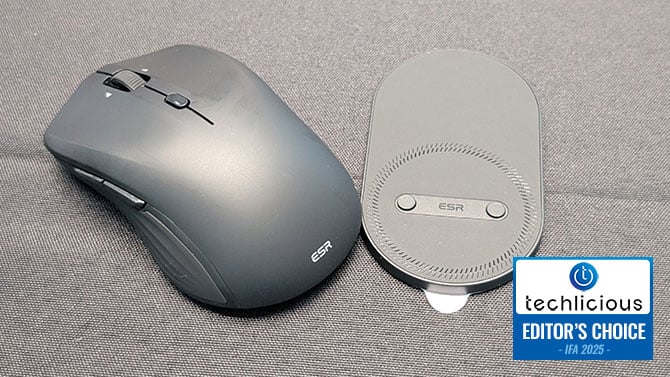 ESR HaloLock MagMouse show from the top and bottom. The Techlicious Editor's Choice Award logo is in the lower right. 