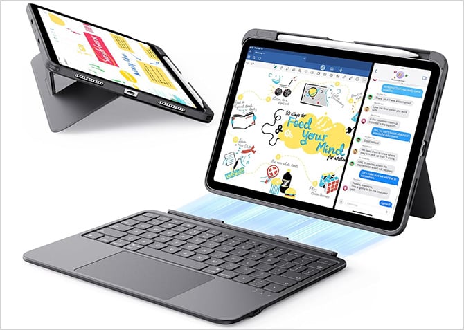 ESR Flex Keyboard Case shown from the side with a stylus and from the front with the keyboard detached.