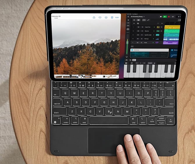 ESR Rebound Magnetic Keyboard Case shown with a hand performing a swipe