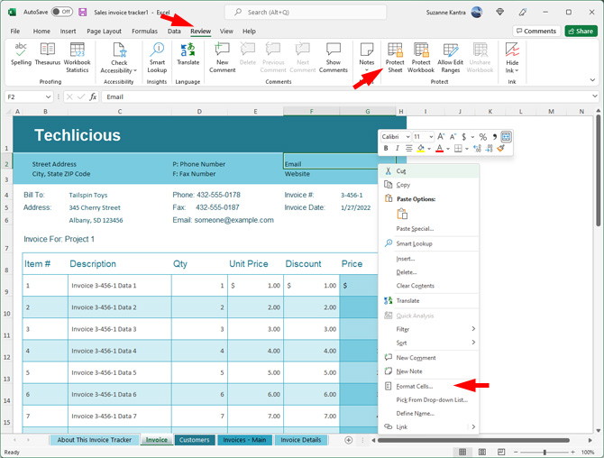 Microsoft Excel spreadsheet screenshot showing invoice tracking. In the top bar, you see the Review tab pointed out. In the second bar, Protect Sheet is pointed out.  In the main worksheet you see a popup menu with Format cells pointed out.