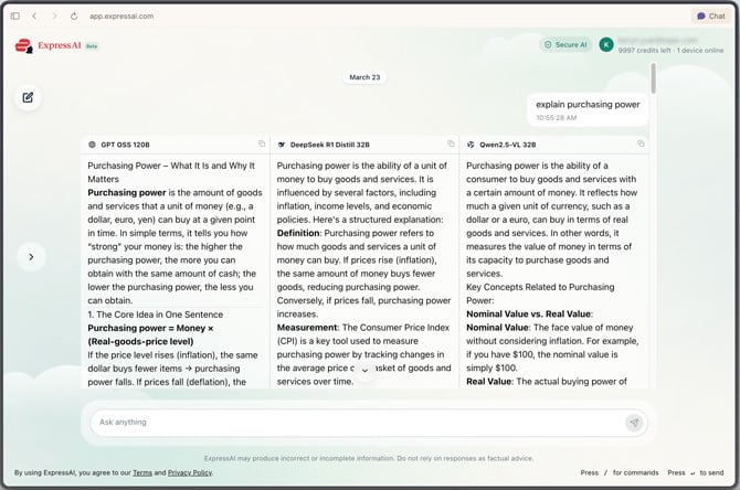 ExpressVPN ExpressAI screenshot showing output from ChatGPT, DeepSeek, and Qwen models.