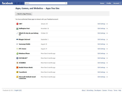 Facebook application settings