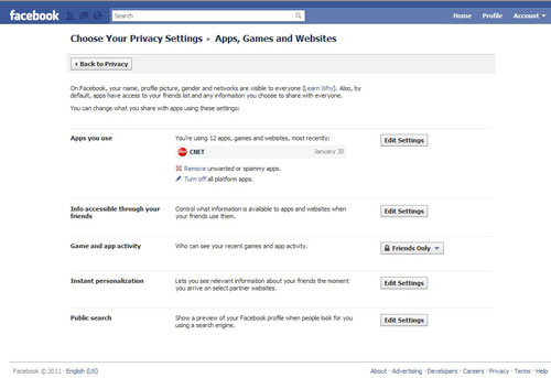 Facebook applications, games, and website settings