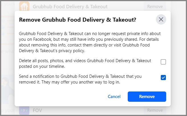 Screenshot of removing app from Facebook. Shows removing Grubhub