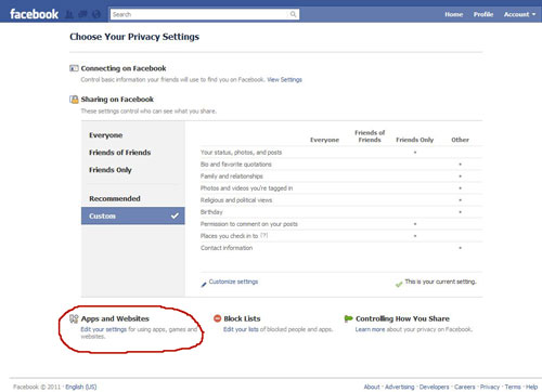 Facebook application settings