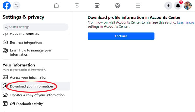 Facebook Settings page screenshot showing the Your Facebook Information option and pointing out Download your information