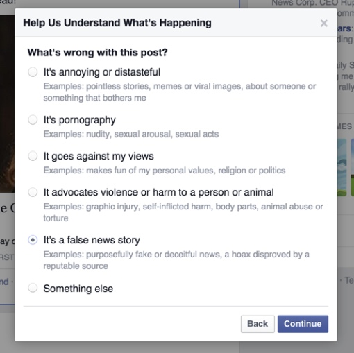 Facebook false news story reporting dialog