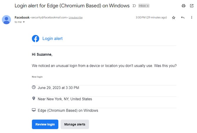 Screenshot of email alert showing a new login to a Facebook account with the type of device and location of the login. 