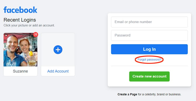 Facebook login screen with the Forgot password option circled.