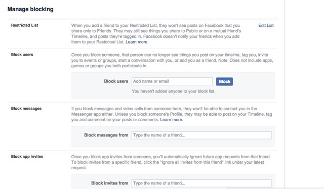 Facebook Manage Blocking