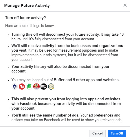 Facebook turn off Manage Future Activity pop up