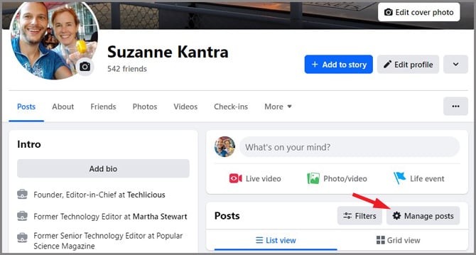 Screenshot of Facebook profile page. On the right side, you see from the top: Edit cover Photo, Edit Profile, Life Event and then Manage Posts, which is pointed out.