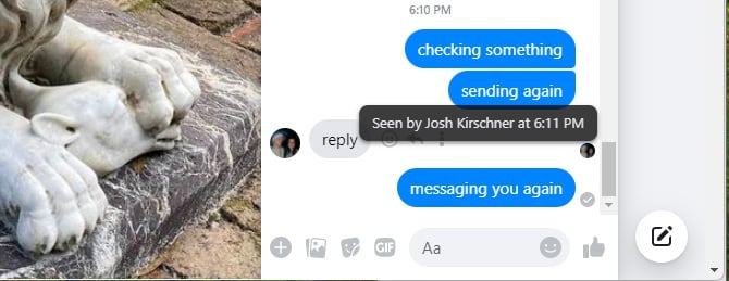 Facebook Messages read notification showing it was seen by Josh Kirschner at 6:11PM.