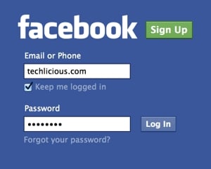 Facebook login screen