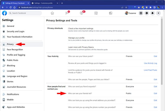 Screenshot of Facebook Privacy Settings with Privacy pointed out in the left navigation column and Who can see your friends list? pointed out in the main column in the section How people find and contact you.