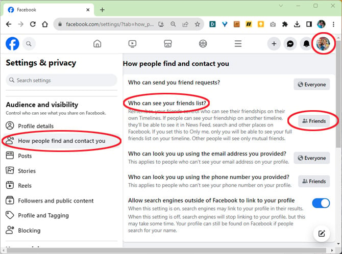 Screenshot of Facebook How people find and contact you page with How people find and contract you, who can see your friends list?, the current settings button, and the profile picture highlighted.