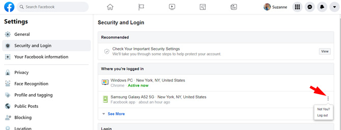 Screenshot of Facebook Security and Login settings showing Where you're logged in with the triple dot menu opened next to Samsung Galaxy A52 5G login with the options Not You? and Log out.