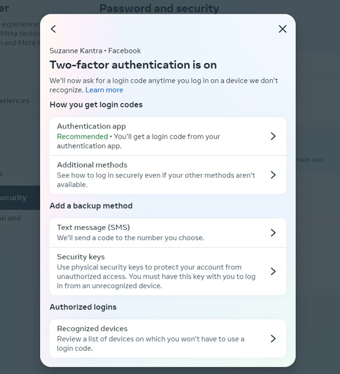 Turn on two-factor authentication popup window showing how you get login codes, additional backup methods and authorized logins.