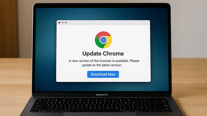 Concept image of a fake Chrome update message on a MacBook screen