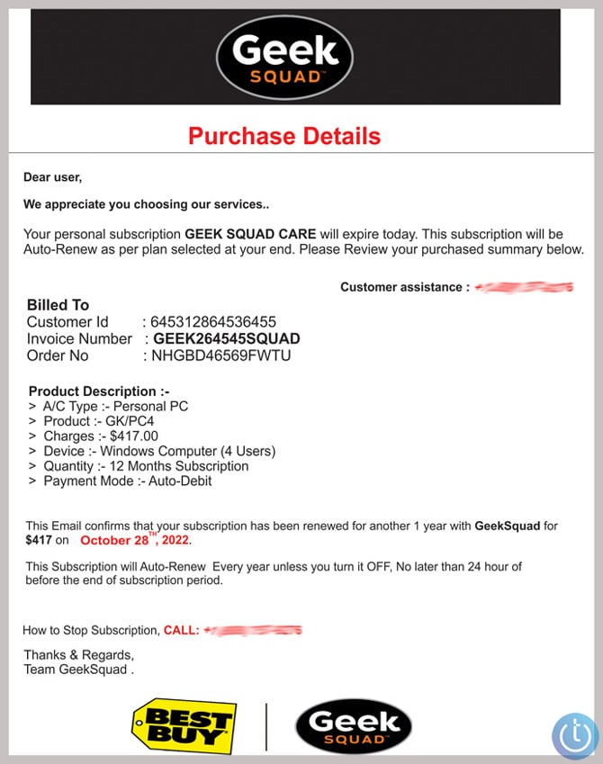 Fake Geek Squad invoice showing automatic renewal cost and a number to call to cancel