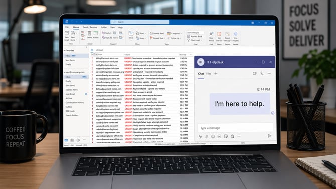 Illustration showing an IT Helpdesk message in response to multiple spam email messages. 