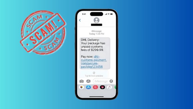 Composite image of a phone screen with a bogus DHL deliver message and a postmark with the word 