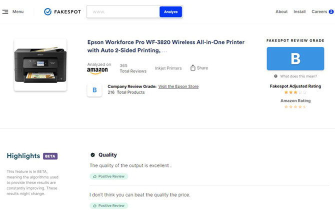 Fakespot review page for the Epson Workforce Pro WF 3820 all-in-one printer. Shows a review rating of B and and adjusted product rating for 3 stars down from 4.4 stars. You can also see the company rating, a picture of the product, andquotes from two positive reviews.