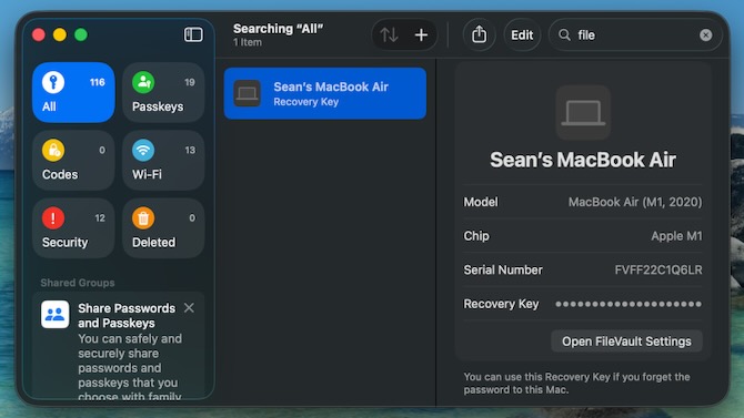 Screen shot of Apple Passwords app showing the auto-saved recovery key in macOS 26 Tahoe