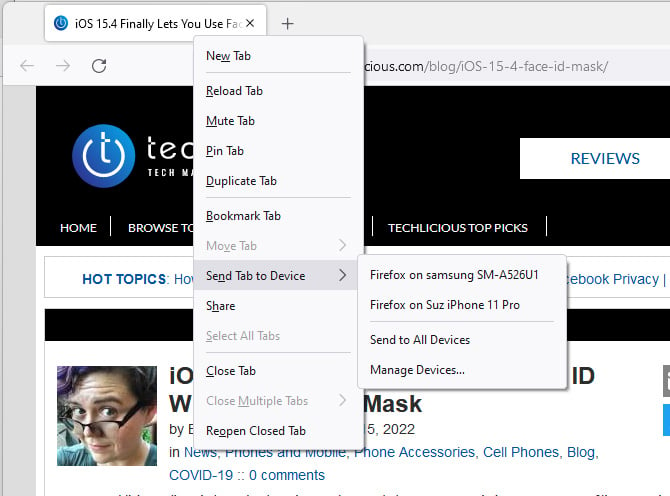 Techlicious story page with the tab selected showing the dropdown menu with Send Tab to Device and another pop up with the list of devices and the option to send to all devices.