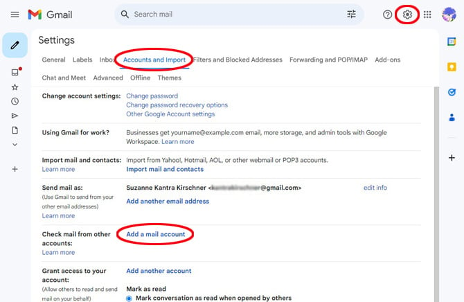 Screenshot of Gmail Accounts and Import settings page. Shows the Accounts and Import tab highlight, the settings cog in the upper right circled, and Add a mail account circled in the Check email from other accounts section. 