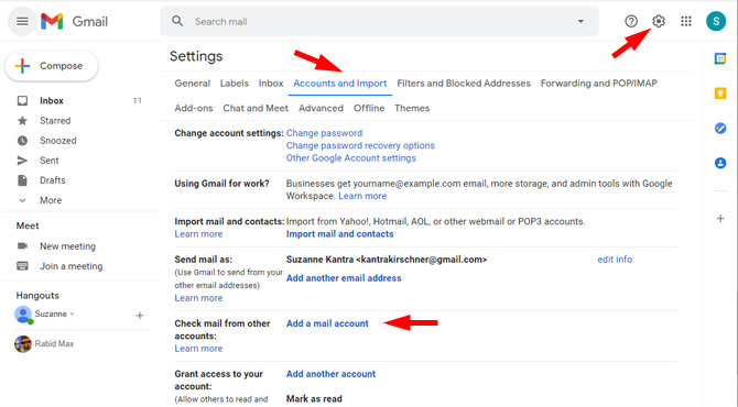 Screenshot of Gmail Accounts and Import settings page. Shows the Accounts and Import tab highlight, the settings cog in the upper right pointed out, and Add a mail account pointed out in the Check email from other accounts section. 