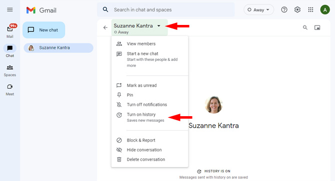 Gmail Chat showing the menu drop down next to the name of the person you're chatting with. You can see the option to Turn off history pointed out. 