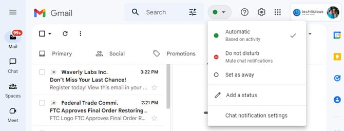 Gmail shows the status picker with options for Automatic, Do Not Disturb, and Away.