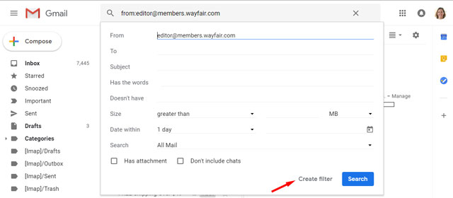 Gmail creat filter from search