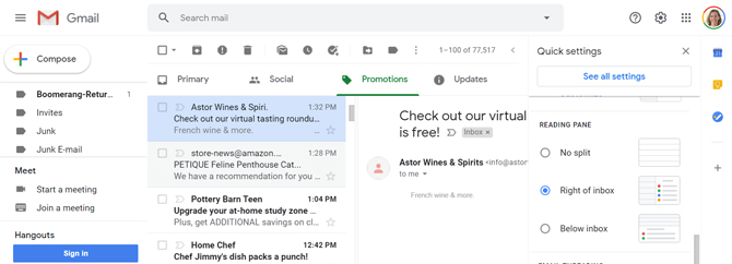 Gmail preview pane