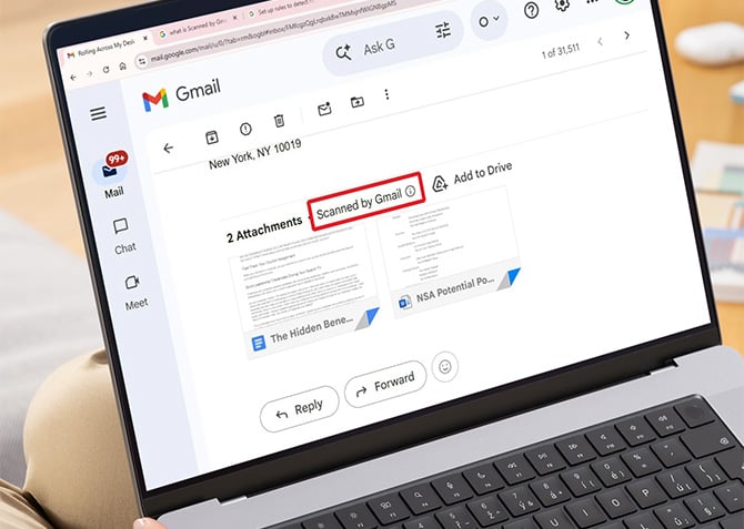 A laptop shows an email in Gmail with the notification that the attachments have been scanned by Google.