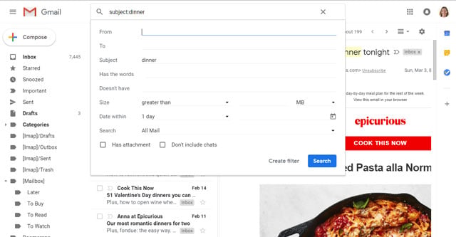 Gmail search tips: Subject:Dinner
