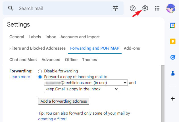Screenshot of Gmail Forwarding and POP IMAP settings page. Shows the Forwarding and POP IMAP tab highlighted, the settings cog in the upper right pointed out. The radio button next to Forward a copy of incoming mail to... is filled in. 