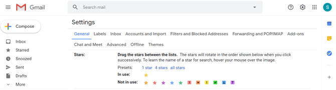 Opciones de estrella de Gmail