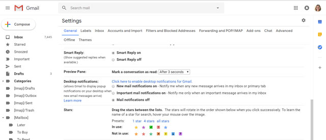 Gmail star options