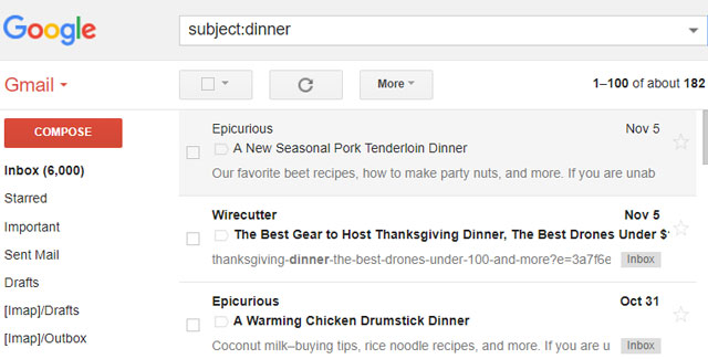 Gmail search tips: Subject:Dinner