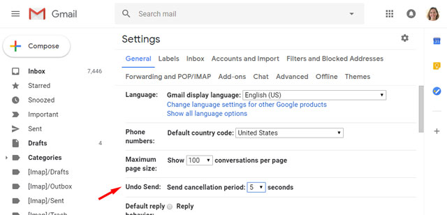 Gmail Undo Send settings