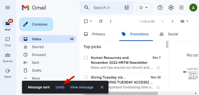 Gmail messages screenshot showing three colums. On the left, there are Mail, Chat, Spaces, and Meet.  In the middle, there are Compose, Inbox, Starred, Snoozed, Sent, Drafts, More and then a box with the words Message sent, Undo, and View Message, and an X to close the box. The third column shows the subject line of two email messages. 