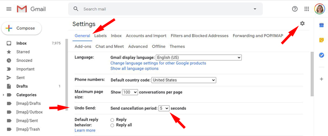 Gmail Setting tab showing the General Tab highlighted. Below, after Language, Phone numbers, and Maximum page size, the Undo Send section is pointed out with: Send cancellation period 5 seconds. In the top right, the cog wheel for Settings is pointed out. 