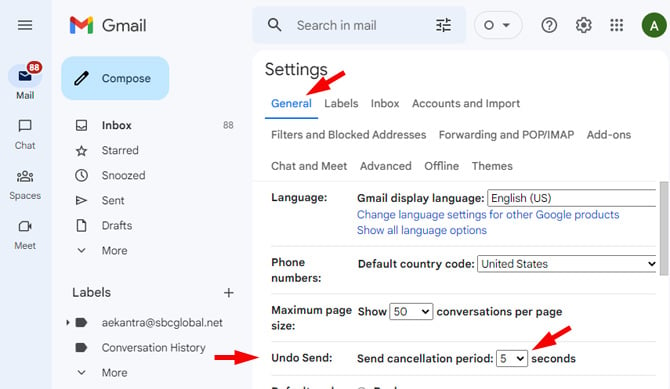 Gmail Setting tab showing the General Tab highlighted. Below, after Language, Phone numbers, and Maximum page size, the Undo Send section is pointed out with: Send cancellation period 5 seconds. In the top right, the cog wheel for Settings is pointed out. 