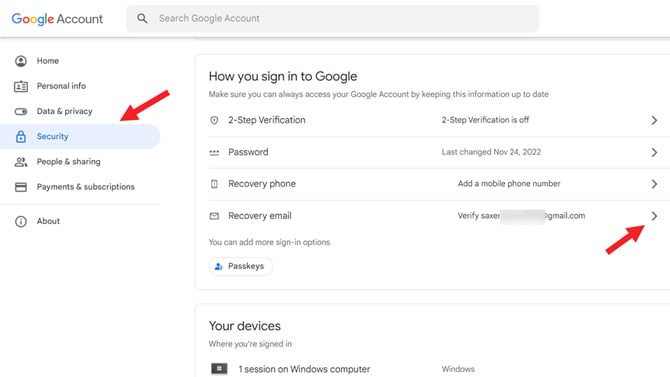 Screenshot of Google Account Security page with Security and Recovery email pointed out. 